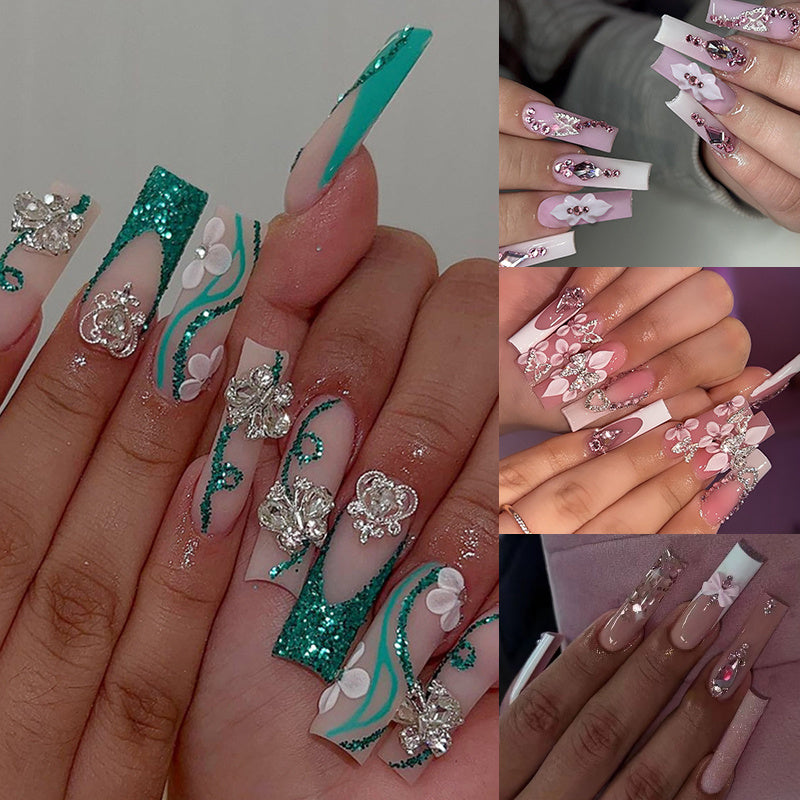4 Boxes 96pcs European and American Press-on Nails Gorgeous Sweet Cool Flashy Broken Glitter Flowers Gren Butterfly Water Pipe Long Fake Nails Combination Set Suitable for Girs and Women Gifts